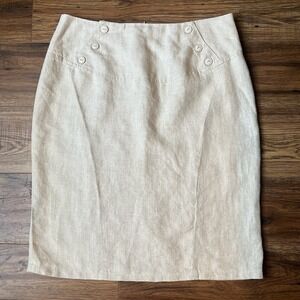 Womens 100% Linen Beige Short Pencil Skirt‎ Button Back Slit Vintage Work Sz 12